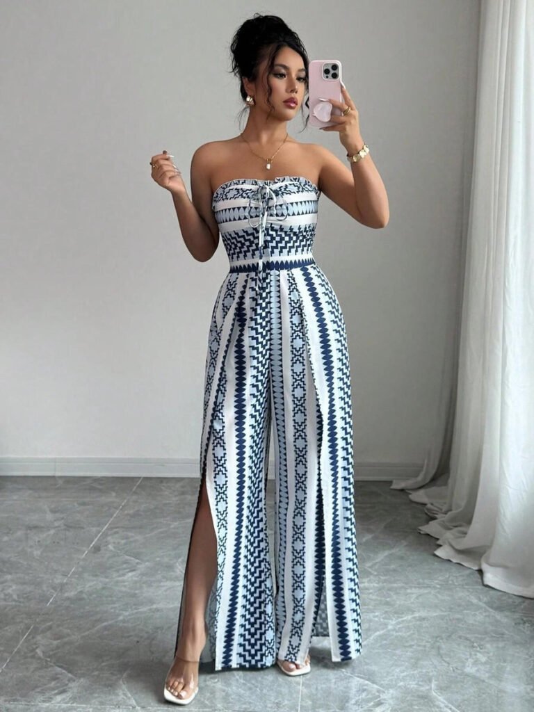 Geometric Jumpsuit with Halter Neckline & Side Slit – Unique Print, Elegant Fit, Versatile Style