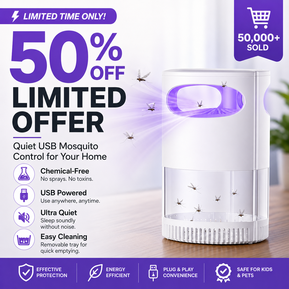 UV Mosquito Killer Lamp – quiet, USB, chemical-free.