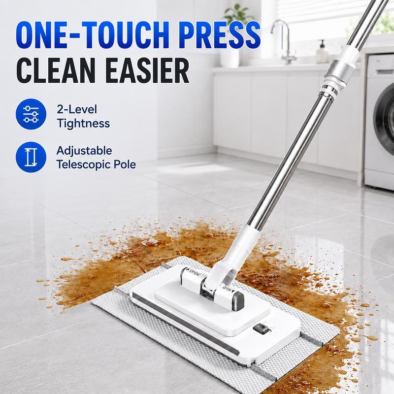 Auto-Clamp Flat Mop with Stainless Steel Extended Handle – One-Click Release Floor Mop, Works With Old Towels, Reusable Mop for Household Hard Surface Cleaning