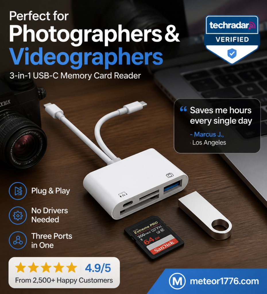 Read SD, microSD & CF cards – plug & play, fast transfer.