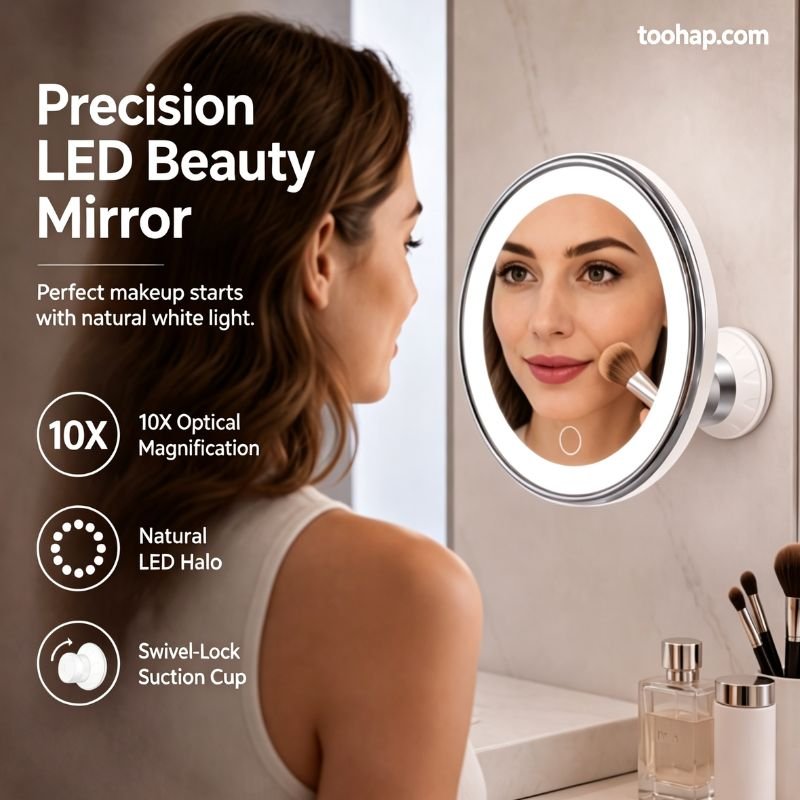 10X Magnifying LED Makeup Mirror, Suction Mounted Illuminated Mirror For Skincare & Cosmetic Application
