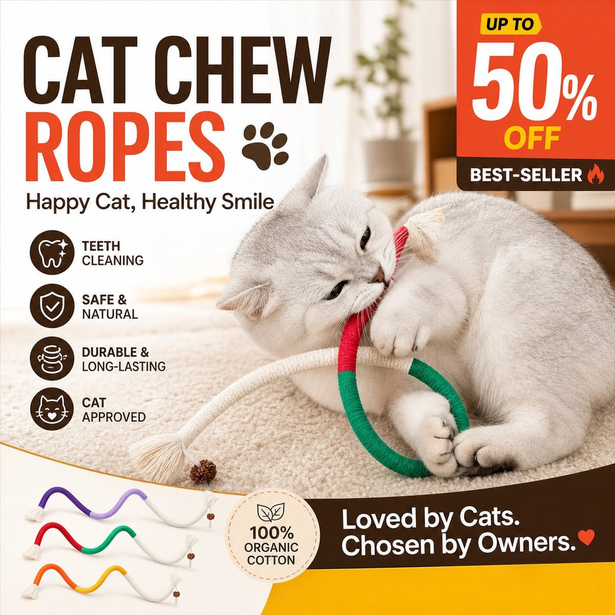 Cat Toys Chew Ropes 3Pcs, Safe Teeth Cleaning Toy for Indoor Kittens, Calming Interactive Kitty Toys - Image 2