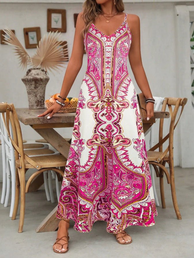 Women’s Retro Print V-Neck Sleeveless Maxi Dress - Image 3