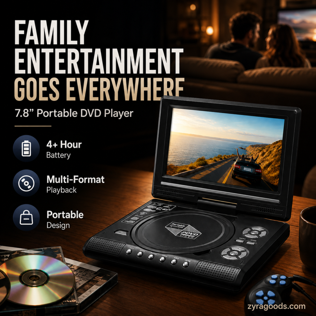 7.8" HD Portable DVD/EVD Player – Large Screen, Rechargeable & Compatible with DVD/CD/USB/SD – Perfect for Home & Travel