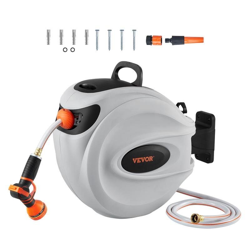 VEVOR Retractable Hose Reel – 65–130 FT, Auto Rewind, 9‐Pattern Nozzle, Wall Mount