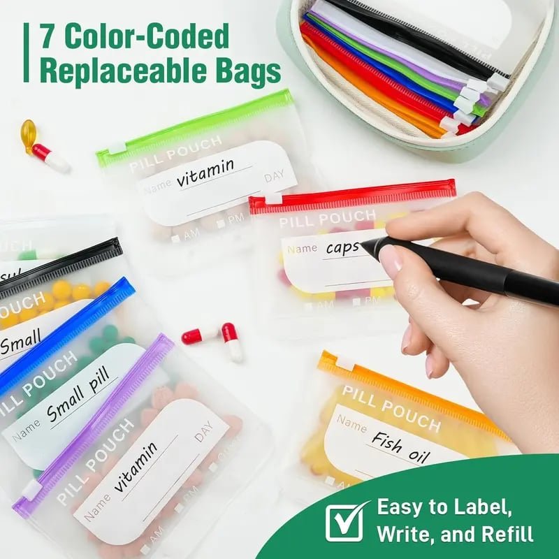 A8 Waterproof Pill Pouch Set – 14 colour‐coded pouches, waterproof & crush‐proof shell. Holds 7‐14 days of meds – perfect for travel & daily routines - Image 2