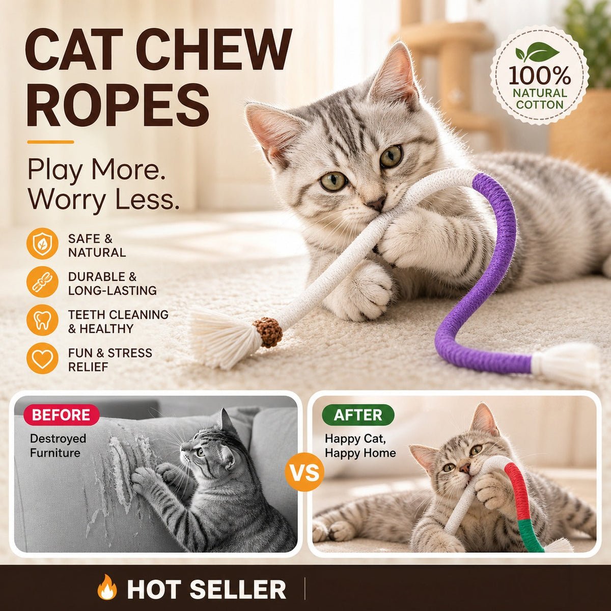 Cat Toys Chew Ropes 3Pcs, Safe Teeth Cleaning Toy for Indoor Kittens, Calming Interactive Kitty Toys - Image 3