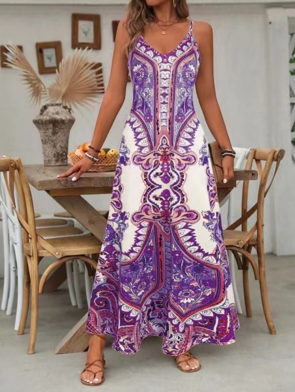 Women’s Retro Print V-Neck Sleeveless Maxi Dress - Image 2