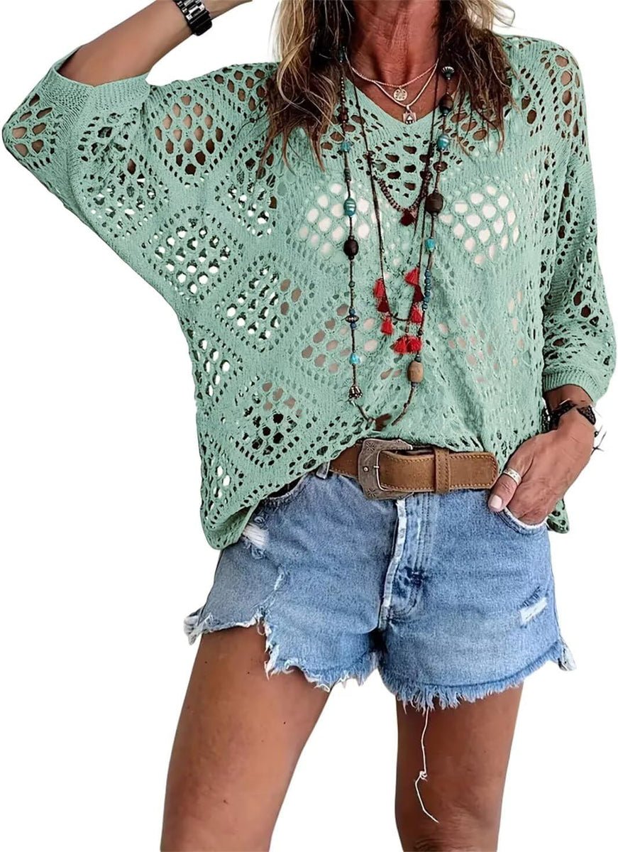 Womens Bohemian-Inspired Beige Crochet Top with V-Neck - Image 2