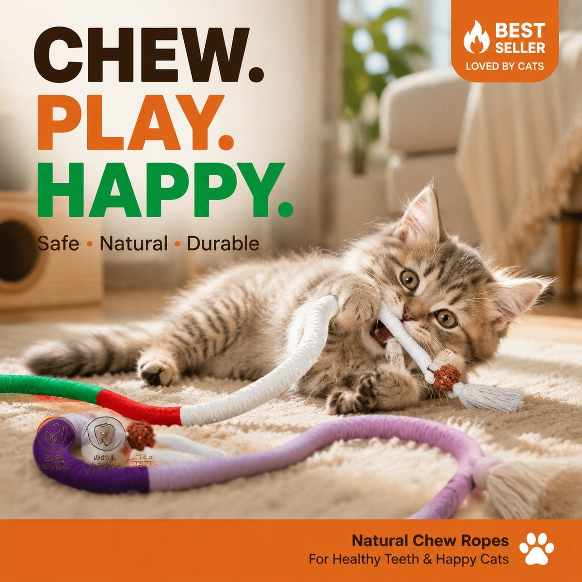 Cat Toys Chew Ropes 3Pcs, Safe Teeth Cleaning Toy for Indoor Kittens, Calming Interactive Kitty Toys
