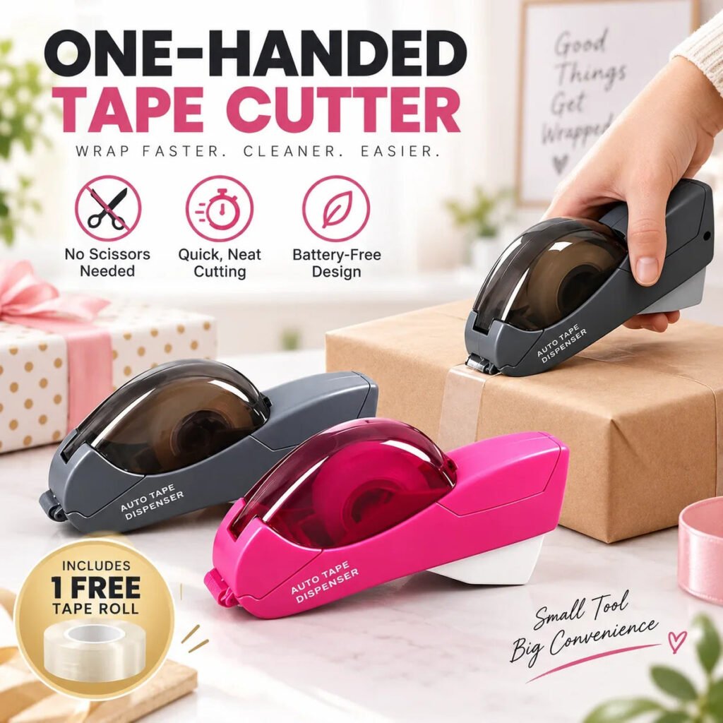 Portable Tape Cutter – one-hand operation, hidden blade for safety. Fits 12/19mm tape.