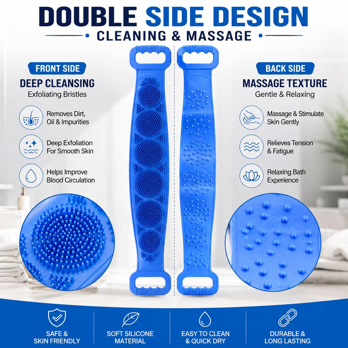 Silicone Back Scrubber for Bath, Double-Sided Body Exfoliating Bath Brush with Soft Silicone Bristles - Image 2