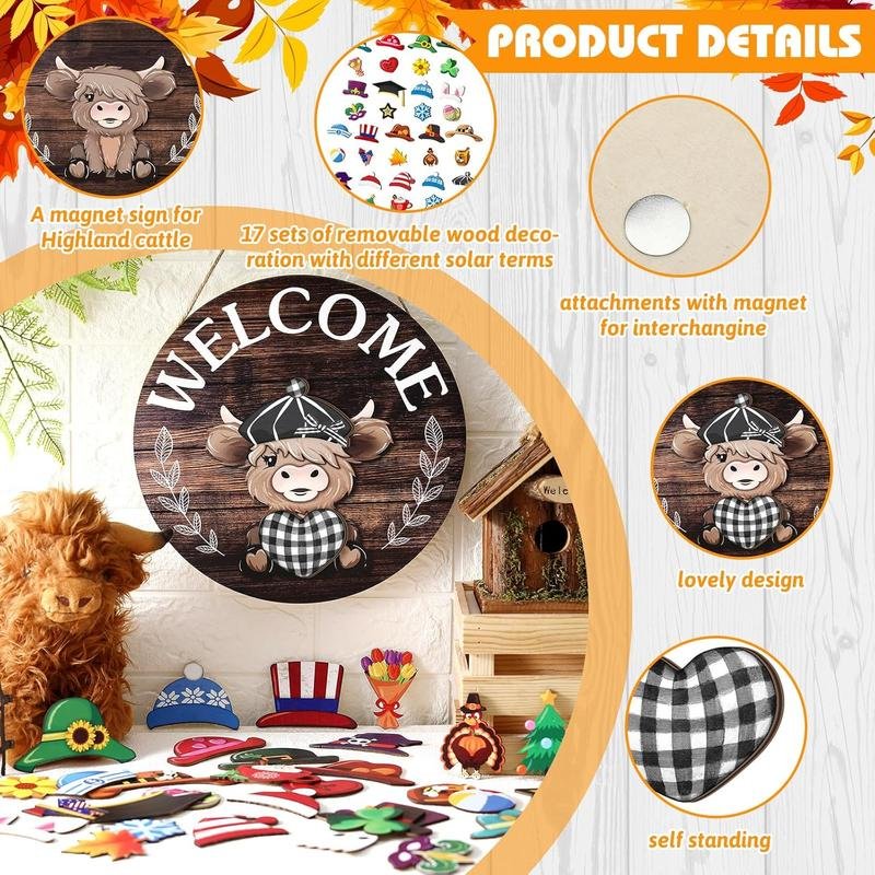 Easter Sale: Highland Cow Sign Interchangeable Welcome Sign with Magnet Detachable Hats Cute Cattle Hanging - Image 3