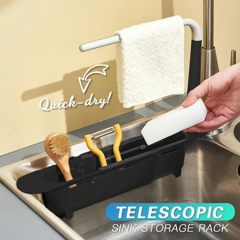 No-Drill Sink Organiser – Telescopic Stainless Steel Rack with Towel Bar & Drain Holes UK Stock - Image 2