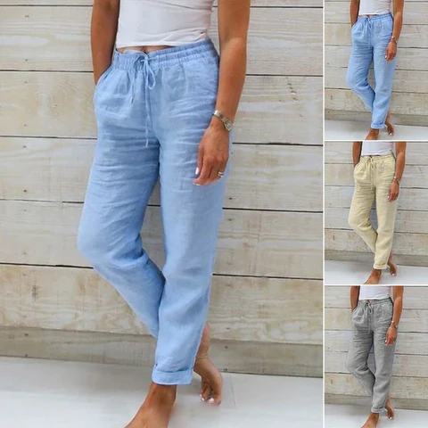 Women's Elastic Waist Cotton Linen Casual Pants