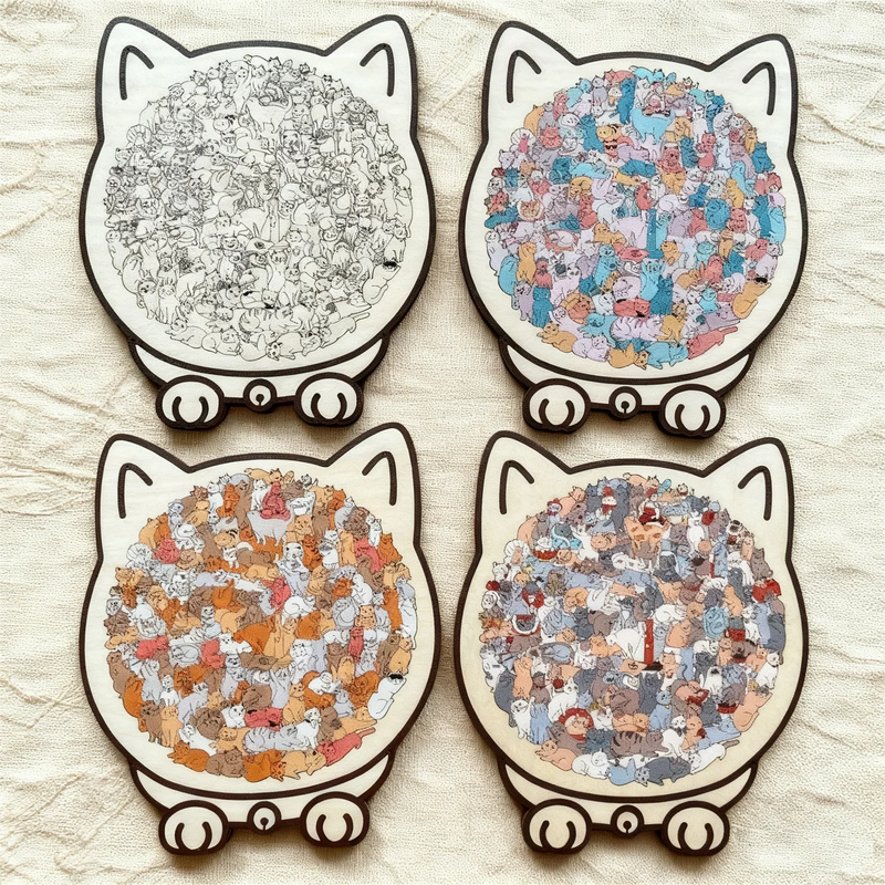 135-Piece Morandi-Colored Cat Shaped Wooden Jigsaw Puzzle