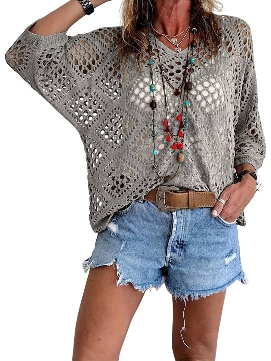 Womens Bohemian-Inspired Beige Crochet Top with V-Neck - Image 3