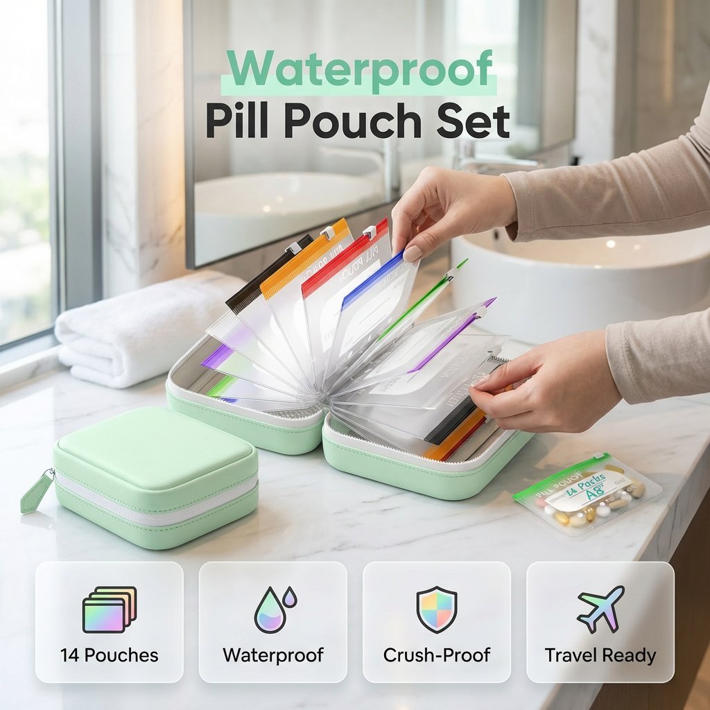 A8 Waterproof Pill Pouch Set – 14 colour‐coded pouches, waterproof & crush‐proof shell. Holds 7‐14 days of meds – perfect for travel & daily routines
