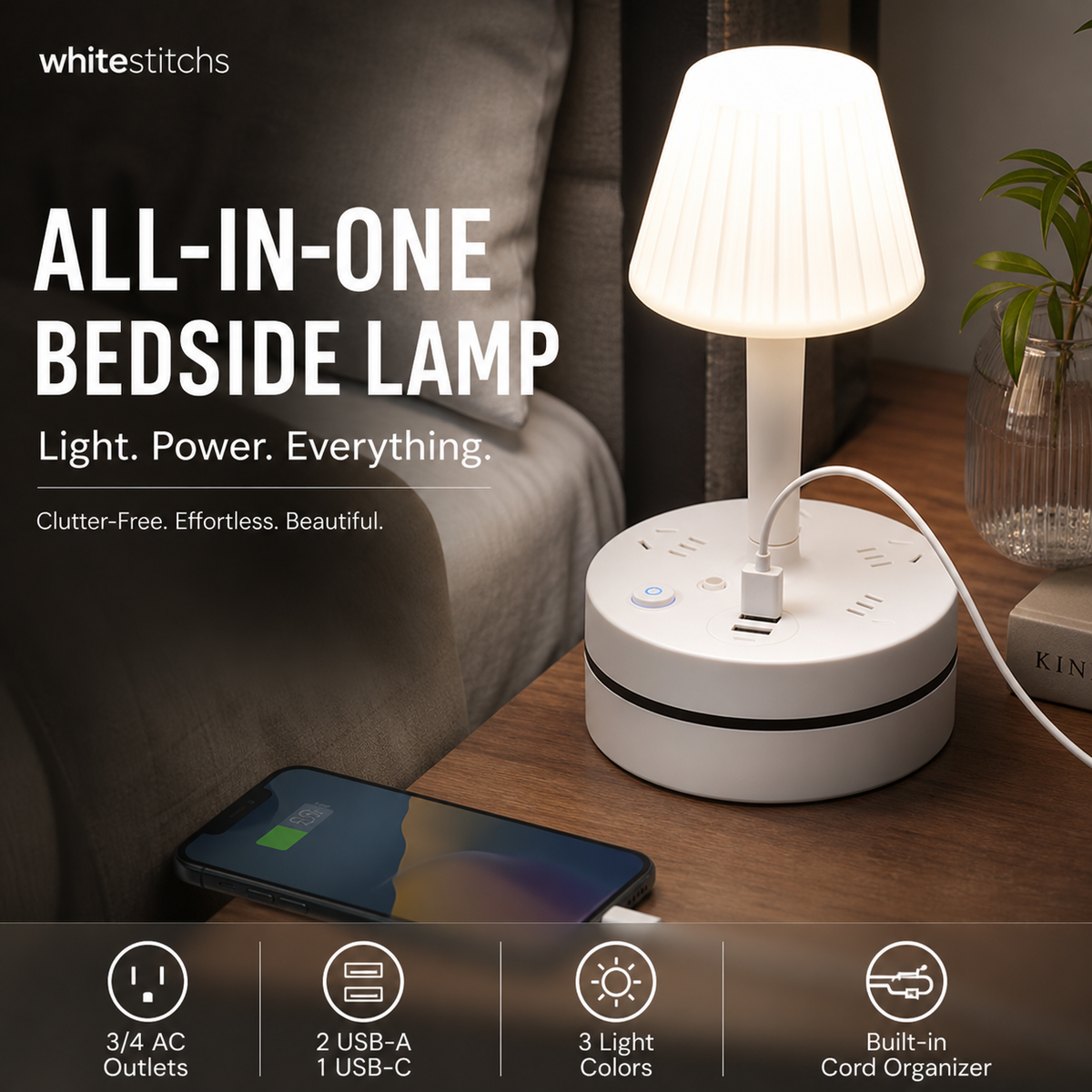 Bedside Lamp with USB & AC Outlets – 3/4 AC, 2 USB, 1 Type-C – charge devices while you sleep. - Image 2