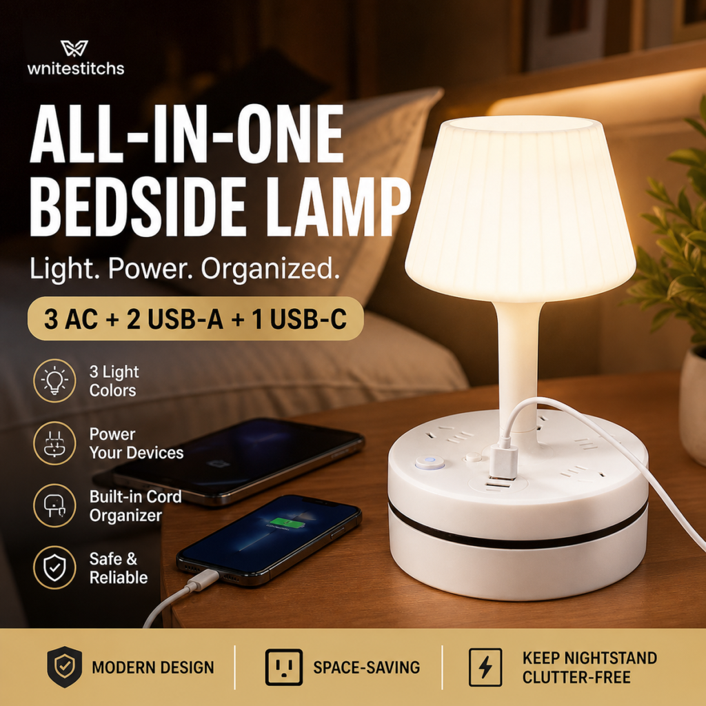 Bedside Lamp with USB & AC Outlets – 3/4 AC, 2 USB, 1 Type-C – charge devices while you sleep.