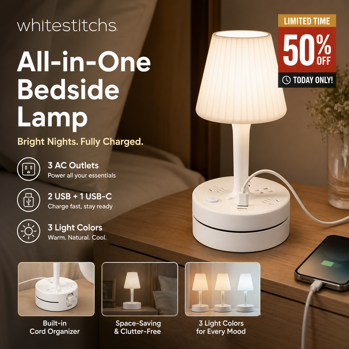 Bedside Lamp with USB & AC Outlets – 3/4 AC, 2 USB, 1 Type-C – charge devices while you sleep. - Image 3