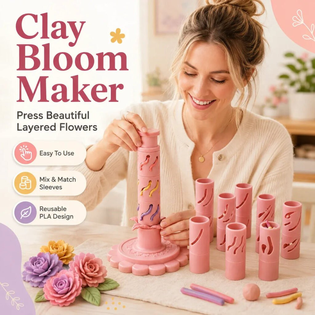 Beginner-Friendly Clay Bloom Maker Set | Reusable 3D-Printed Flower Shaping Tool with Interchangeable Sleeves & 24-Color Modeling Clay Included