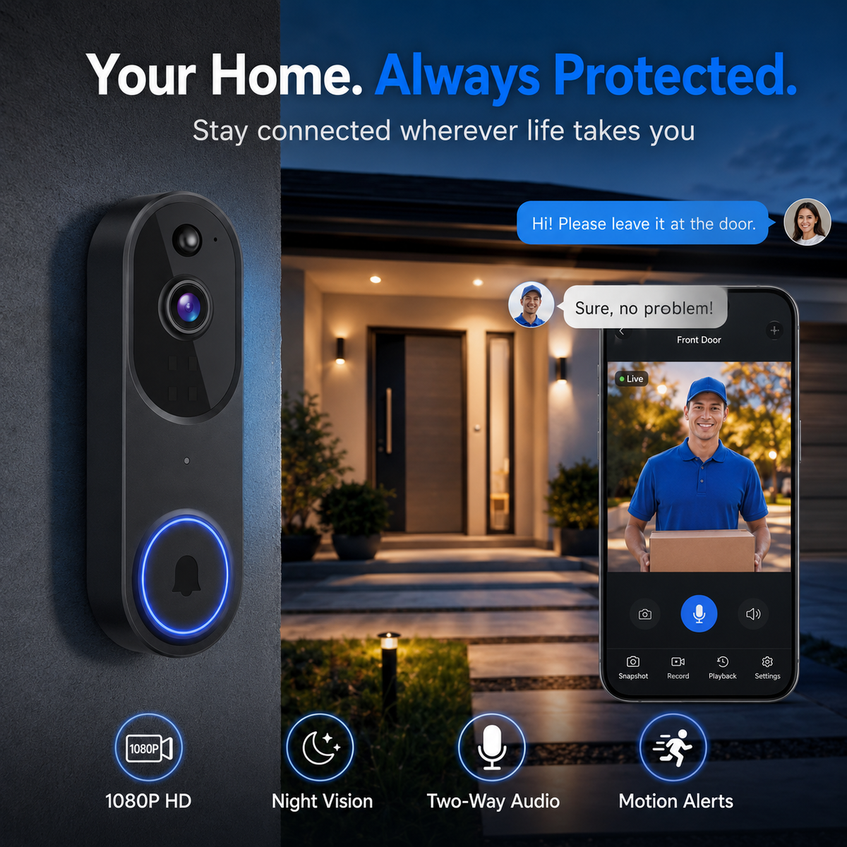 Smart HD Doorbell – Remote Access & Instant Alerts – Crystal-clear video, motion detection & two-way talk – perfect for home security