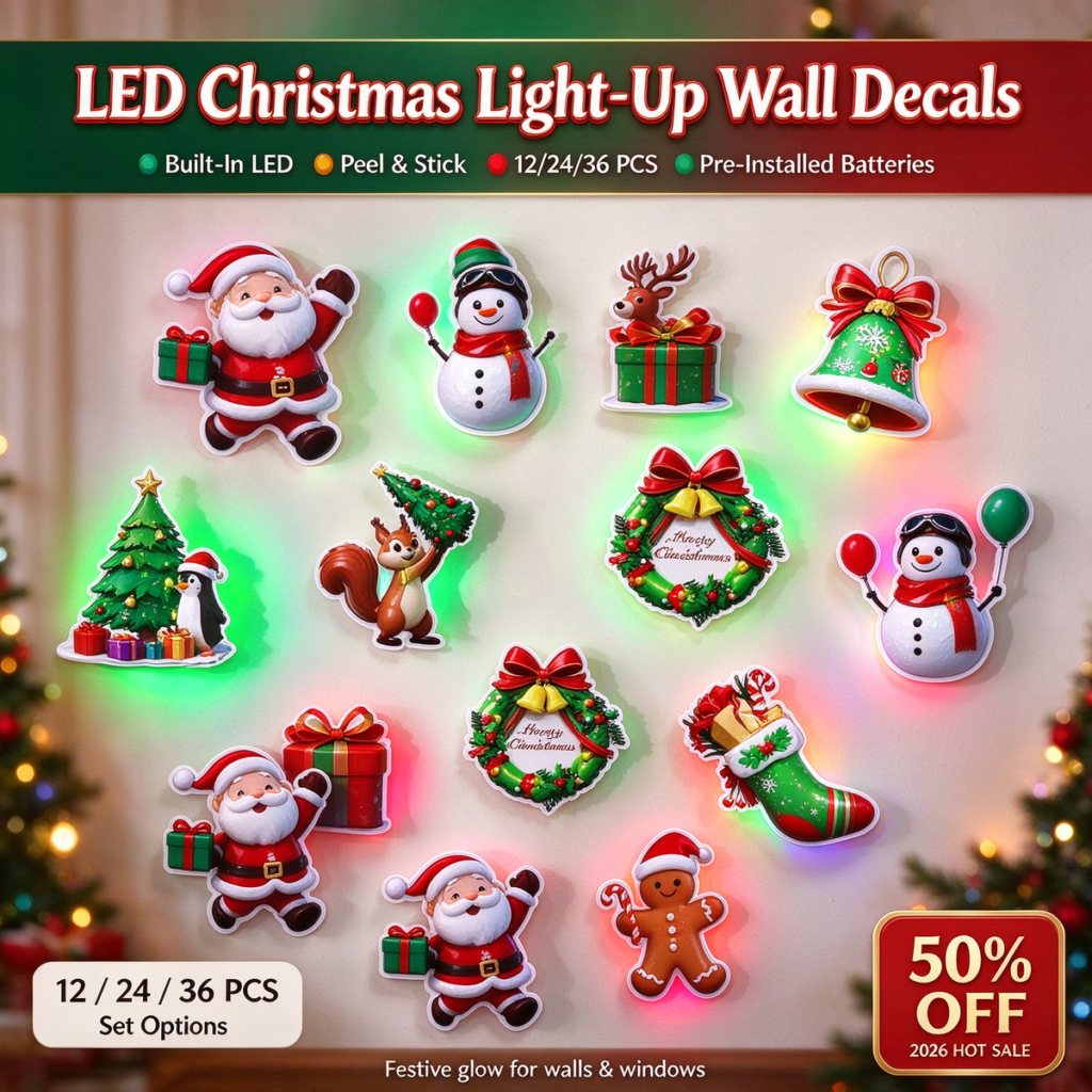 LED Christmas Light-Up Wall Decals – built-in LED, pre-installed batteries, 12/24/36pcs. Peel & stick festive glow for walls & windows