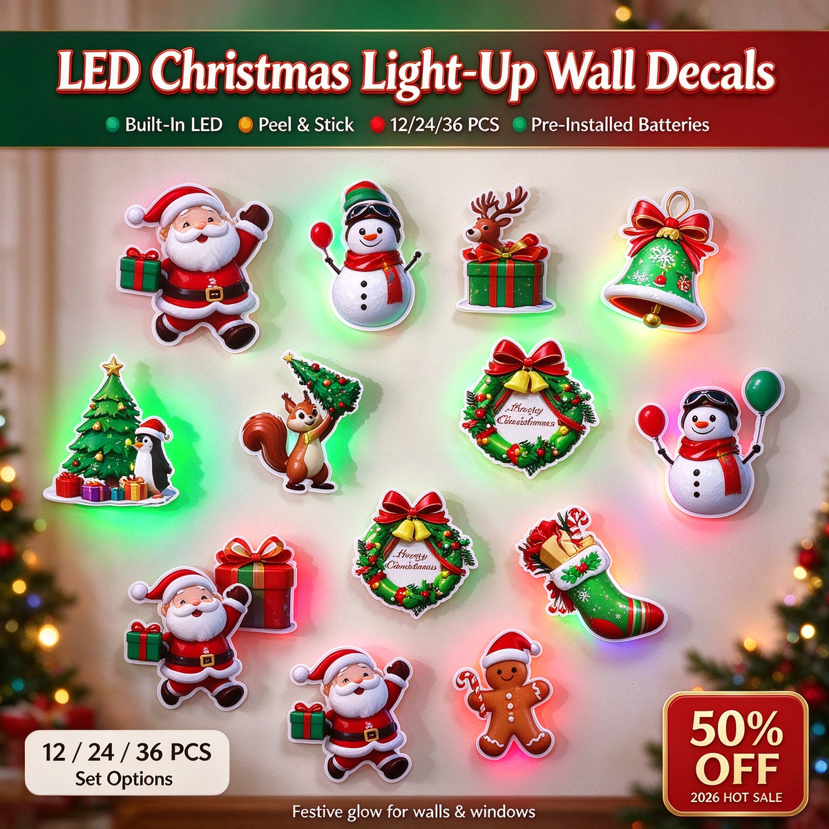 LED Christmas Light-Up Wall Decals – built-in LED, pre-installed batteries, 12/24/36pcs. Peel & stick festive glow for walls & windows
