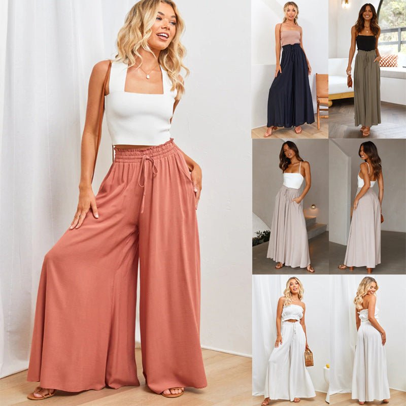Solid-Color Wide-Leg High-Waisted Pants – Cotton Blend, Loose Fit & Adjustable Drawstring