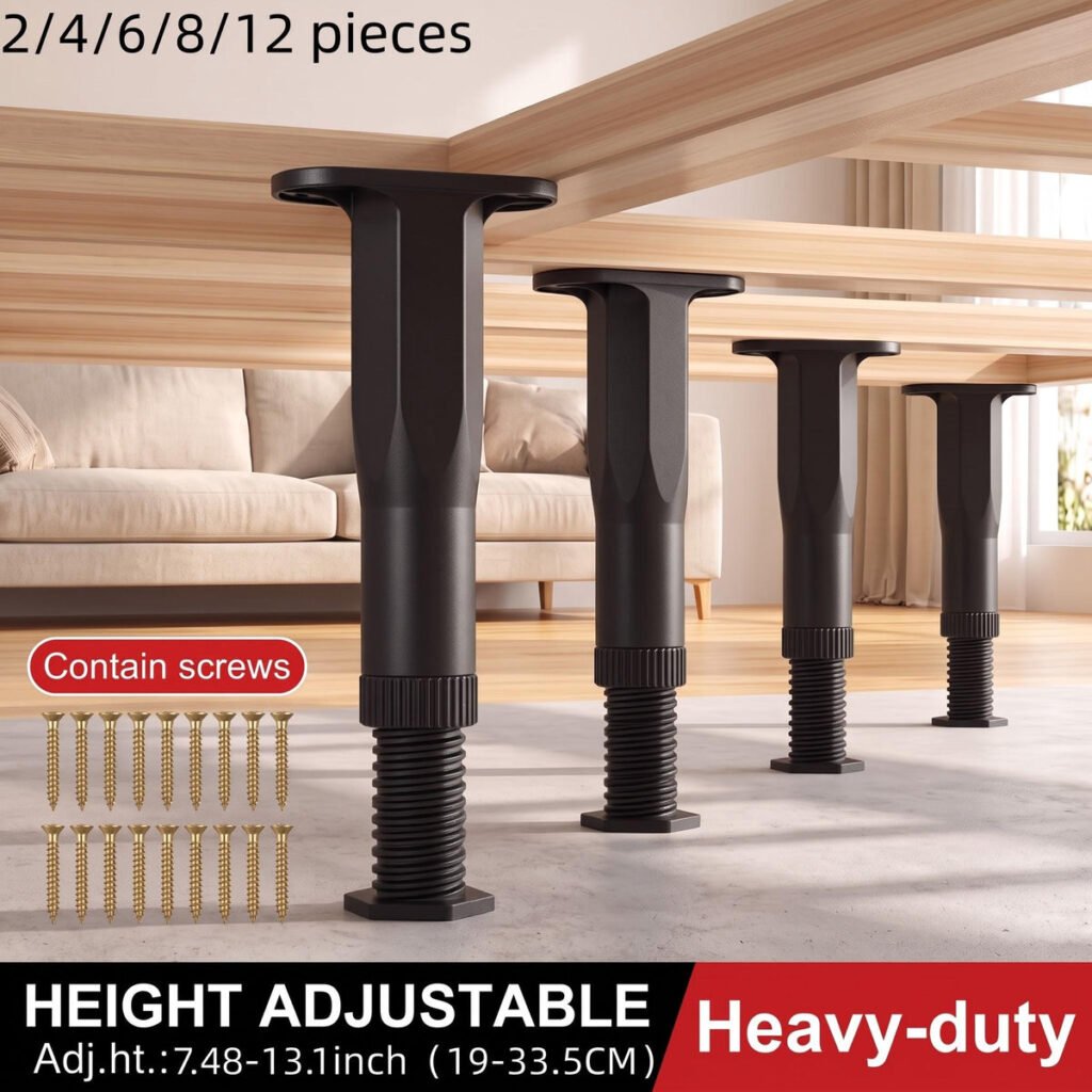 Adjustable Bed Support Legs – Heavy-duty plastic & metal, reinforced center bar, screws included – set of 2-12.