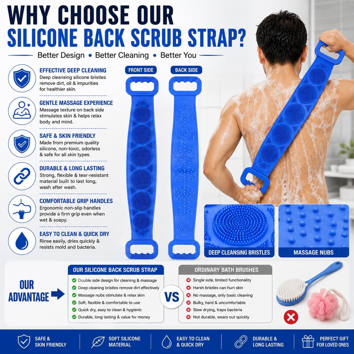 Silicone Back Scrubber for Bath, Double-Sided Body Exfoliating Bath Brush with Soft Silicone Bristles