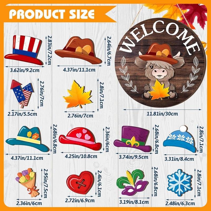 Easter Sale: Highland Cow Sign Interchangeable Welcome Sign with Magnet Detachable Hats Cute Cattle Hanging - Image 2