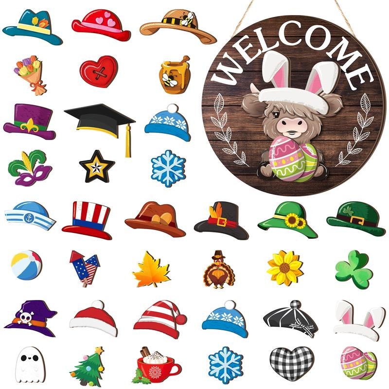 Easter Sale: Highland Cow Sign Interchangeable Welcome Sign with Magnet Detachable Hats Cute Cattle Hanging