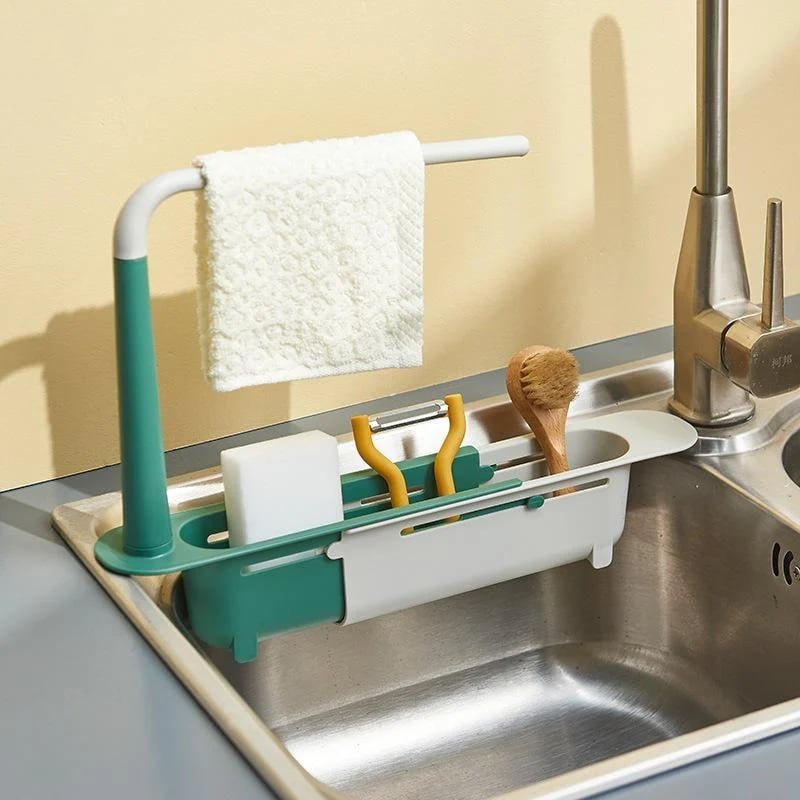 No-Drill Sink Organiser – Telescopic Stainless Steel Rack with Towel Bar & Drain Holes UK Stock