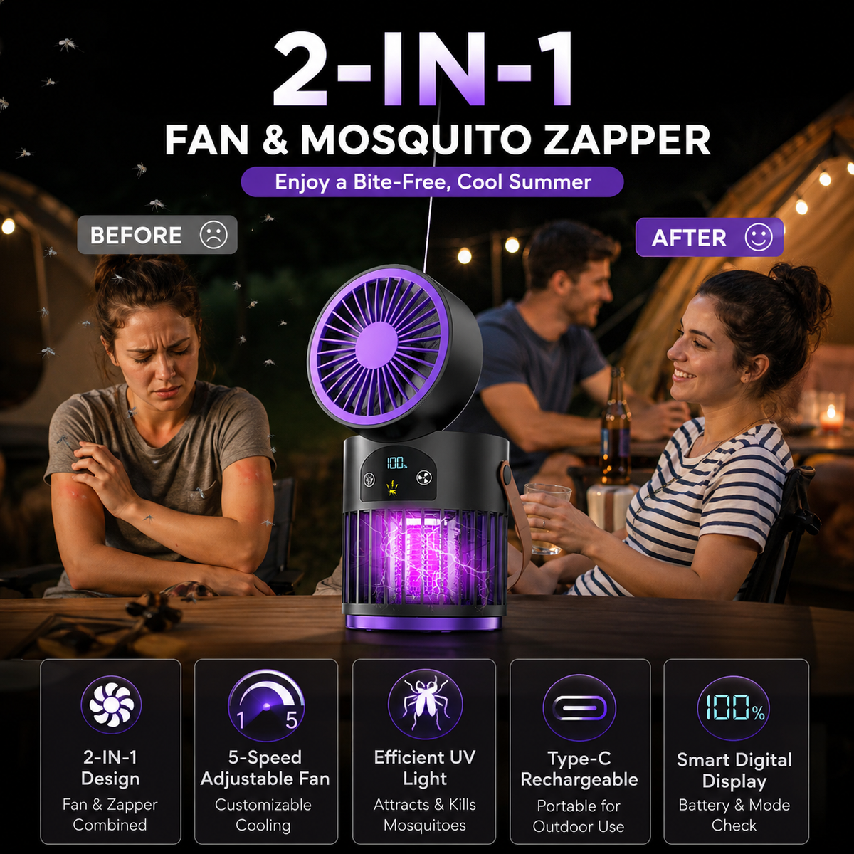 Portable Rechargeable Fan with UV Bug Zapper Light - Image 2
