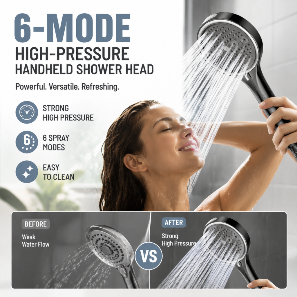 6‐Mode Handheld Shower Head – High pressure & easy install