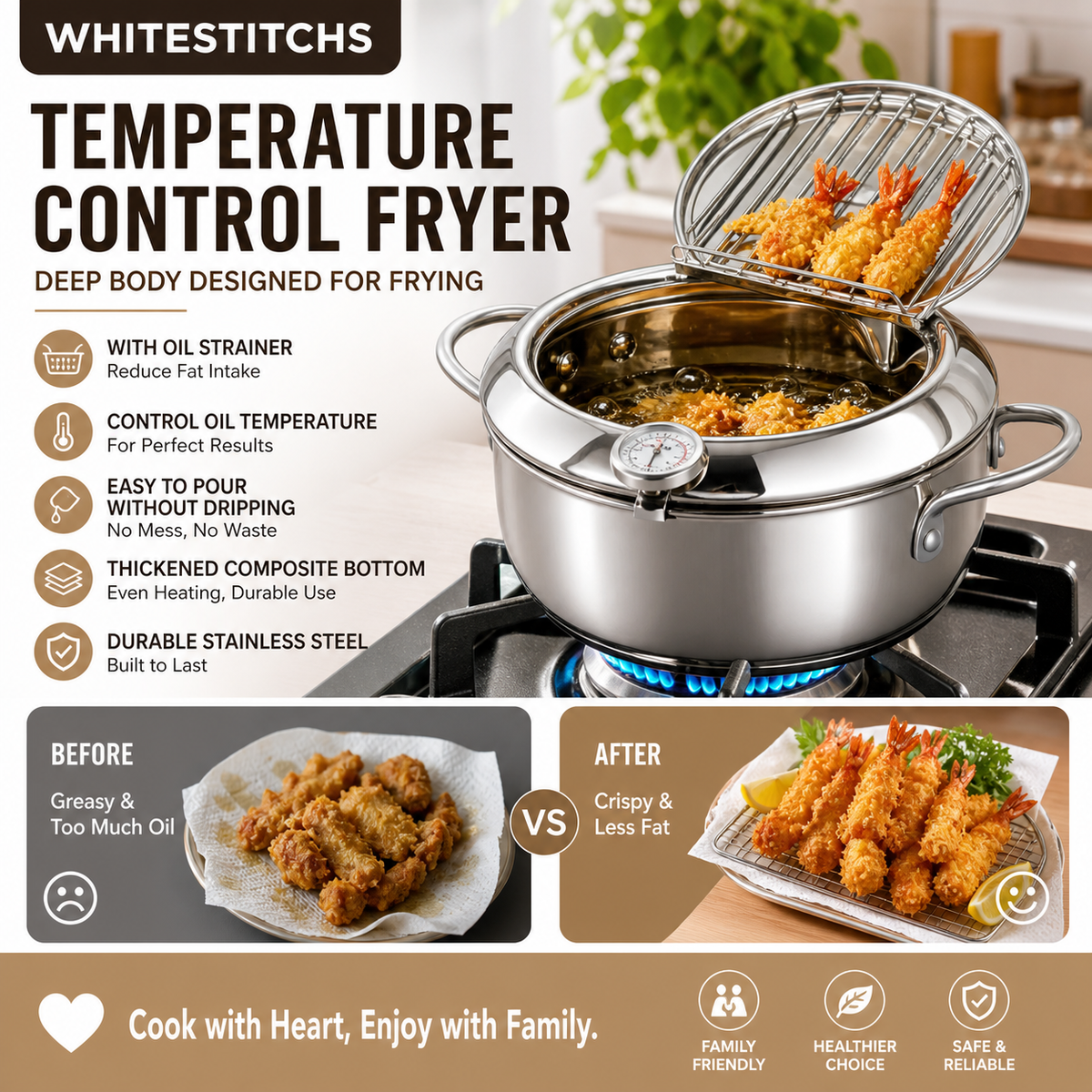 Stainless Steel Tempura Fryer Pot – Thermometer, Drain Rack, Deep‐Body - Image 3