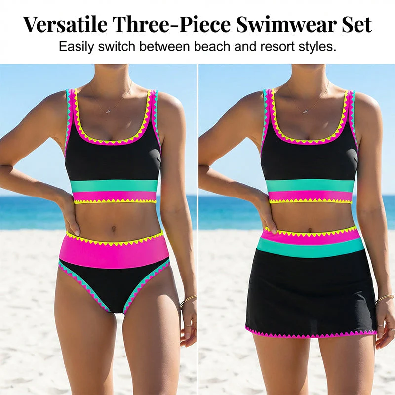 & Color Block Patchwork Nylon Sporty 3-Piece Bikini Set - High Waisted & Tummy Control Swimsuit