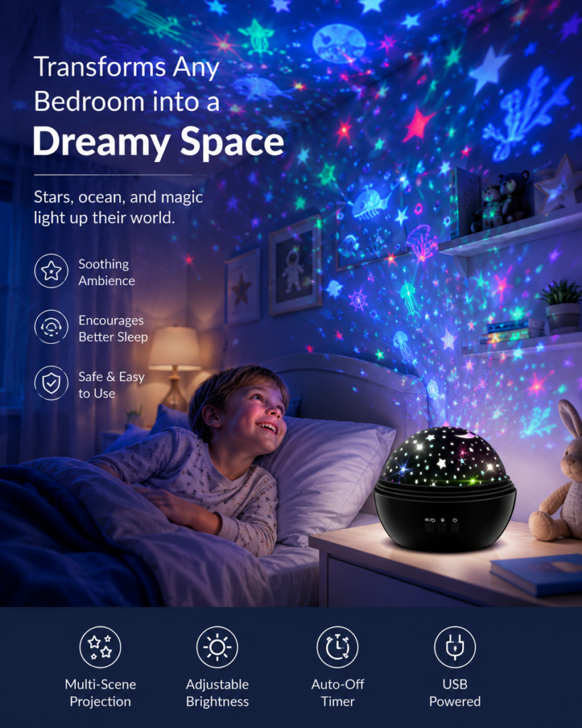 2-in-1 Rotating Star Projector Night Light – Soothing starry projection, calming colors & rotating effect – Perfect for kids’ rooms & relaxation