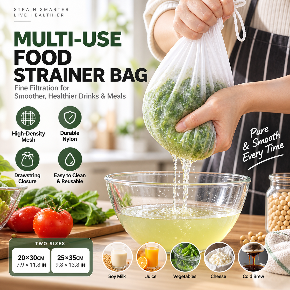 Strainer Bag – High-density mesh, drawstring & reusable. Smooth filtering – grab yours