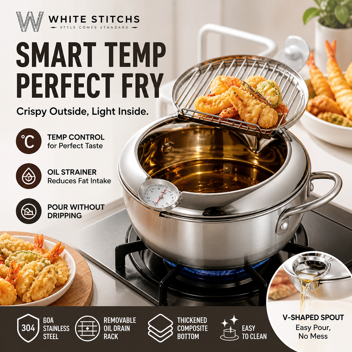 Stainless Steel Tempura Fryer Pot – Thermometer, Drain Rack, Deep‐Body