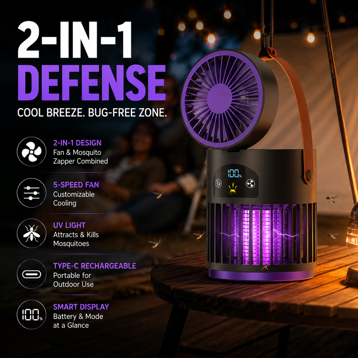 Portable Rechargeable Fan with UV Bug Zapper Light - Image 3