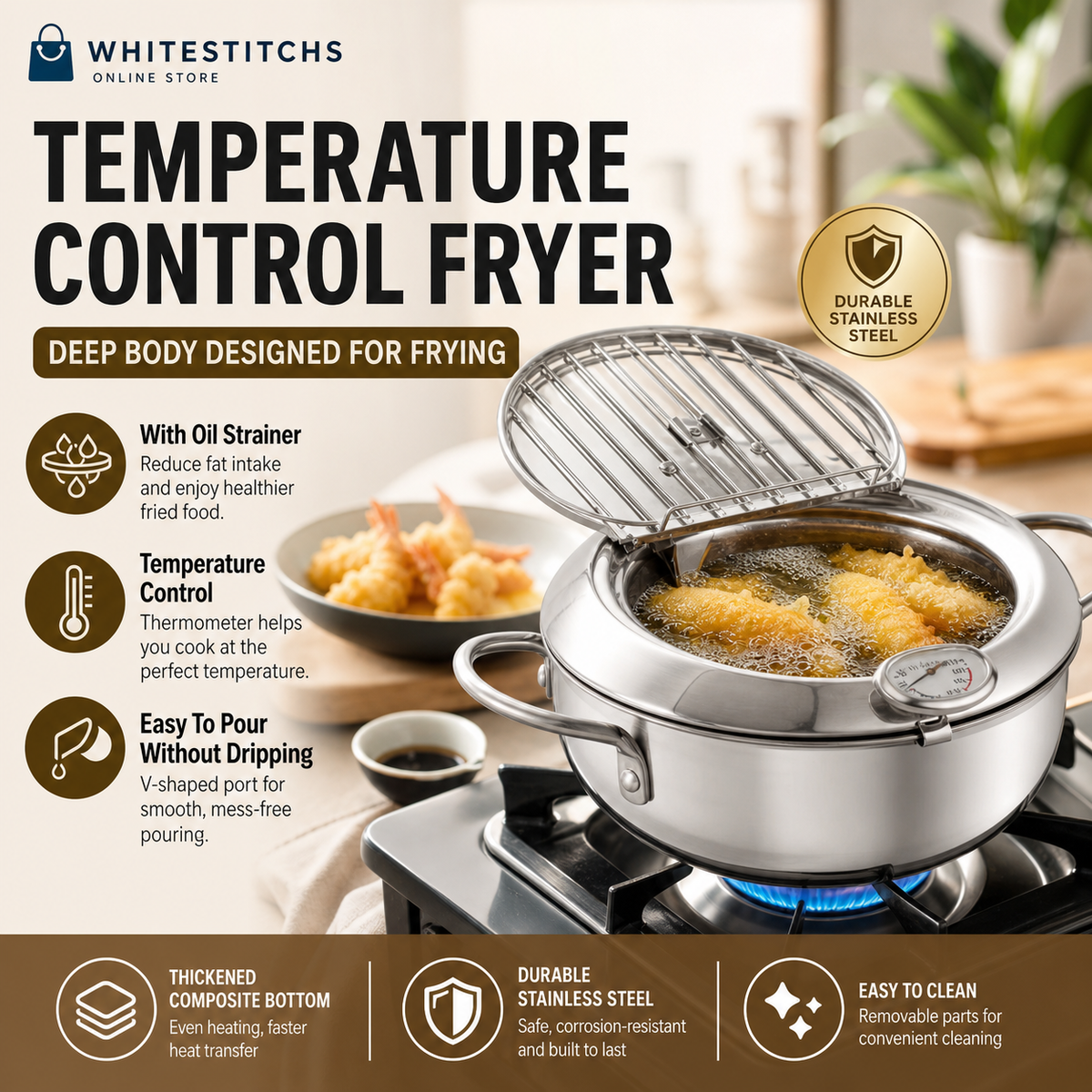 Stainless Steel Tempura Fryer Pot – Thermometer, Drain Rack, Deep‐Body - Image 2