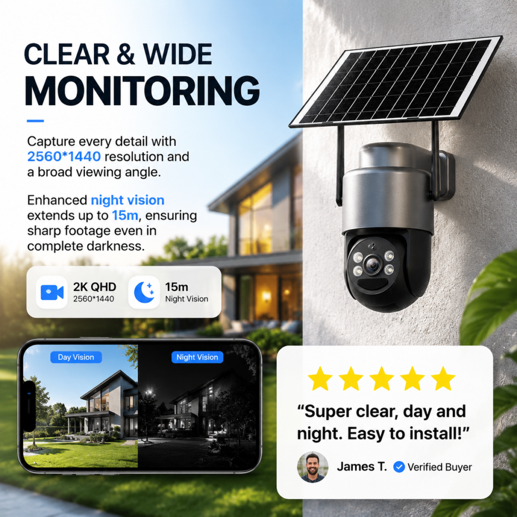 Solar-Power Wireless Security Camera Set with Alarm