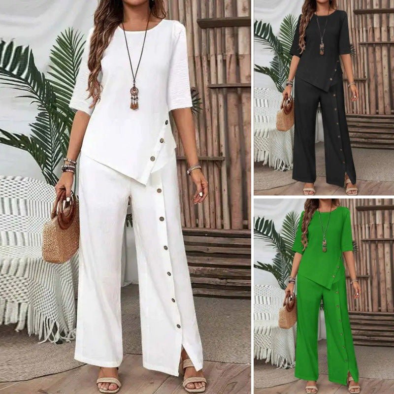 New Style Trendy Irregular Hem Blouse with Wide Leg Pants – Elegant Daily Two-Piece Outfit