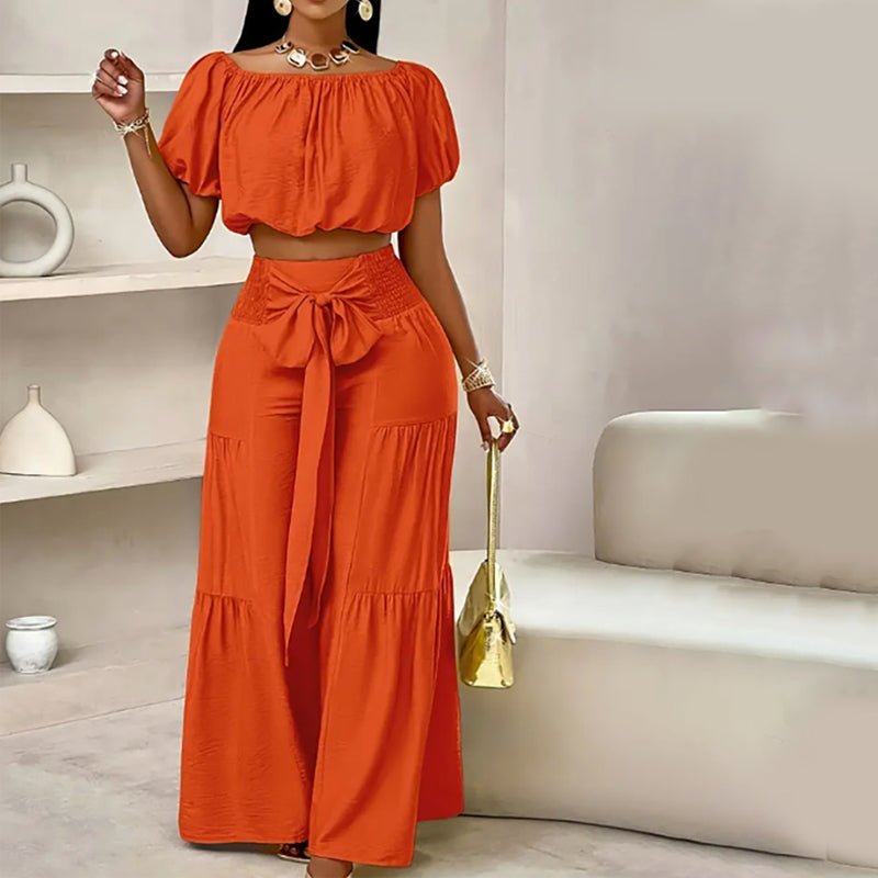 Off-Shoulder Puff Sleeve Top & Wide-Leg Pants Set – Elegant Summer 2-Piece