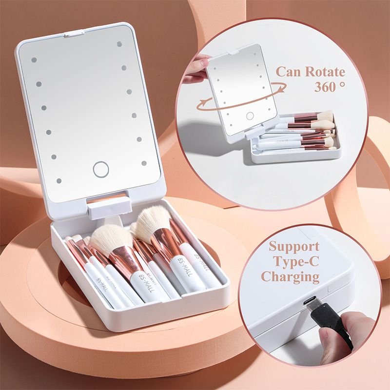 Big Sale Travel Makeup Brush Set with LED Light Mirror
