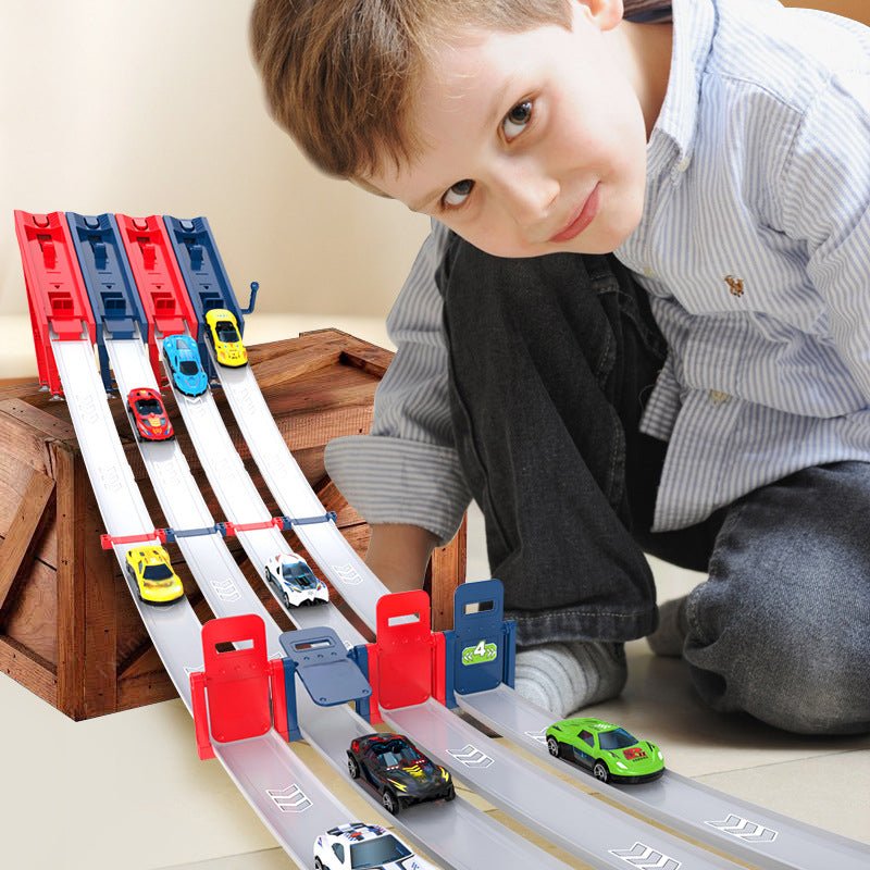 DOUBLE THE TRACK, DOUBLE THE FUN! Dual Toy Car Launcher Racing Track Set - 2 Launchers with 360° Loops & 6 Speed Modes for Competitive Sibling Play