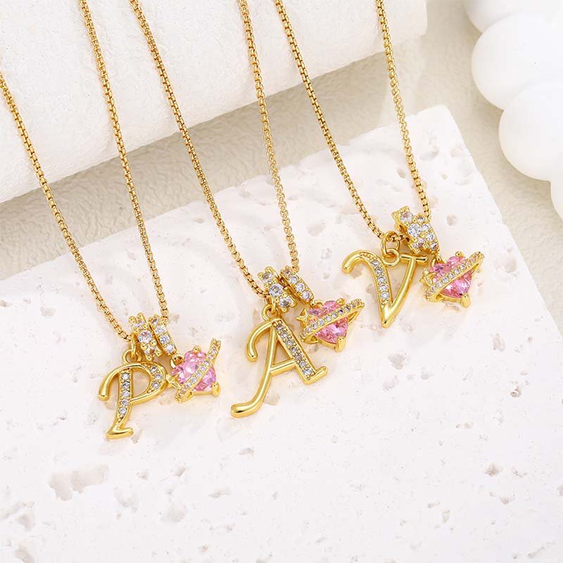 Initial Letter Necklace with Pink Heart Charm – Personalized Love Token